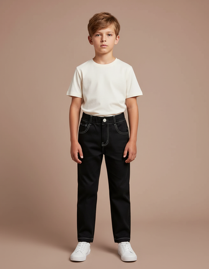 Pantalon Chino Noir Coton Coutures Contrastées Garçon