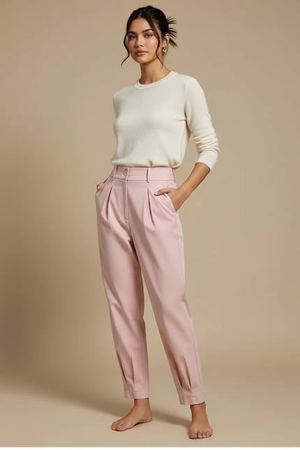 Pantalon Chino Rose Plissé Tapered Décontracté Femme - Gabardine