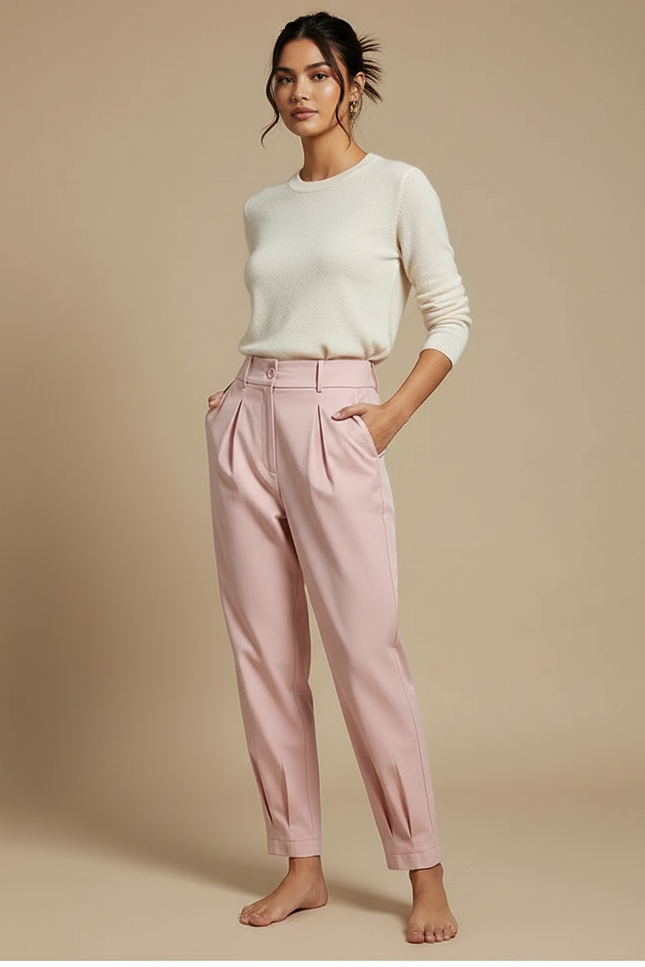 Pantalon Chino Rose Plissé Tapered Décontracté Femme - Gabardine