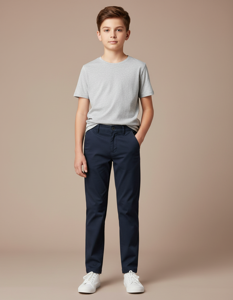 Pantalon Chino Bleu Marine Coton Droit Garçon Décontracté