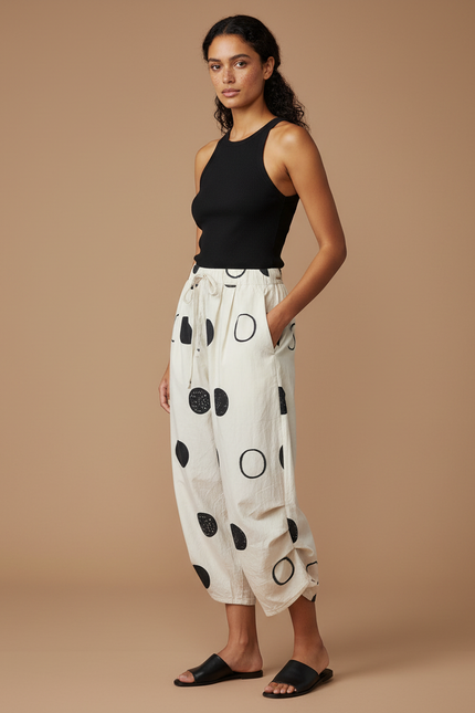 Pantalon Chino Écru Imprimé Cercles Ample Décontracté Coton - Beige