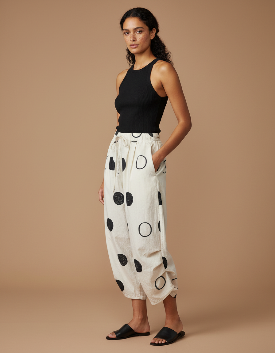 Pantalon Chino Écru Imprimé Cercles Ample Décontracté Coton - Beige