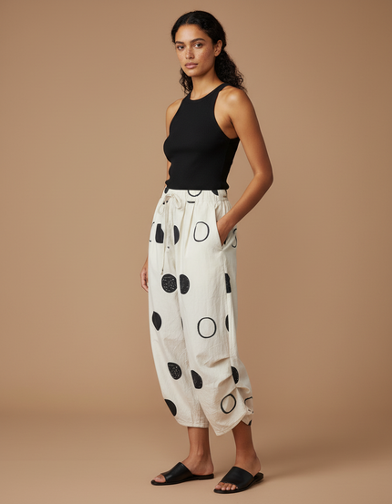 Pantalon Chino Écru Imprimé Cercles Ample Décontracté Coton - Beige