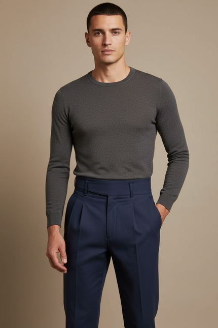 Pantalon Chino Bleu Marine Plissé Élégant Homme - Gabardine