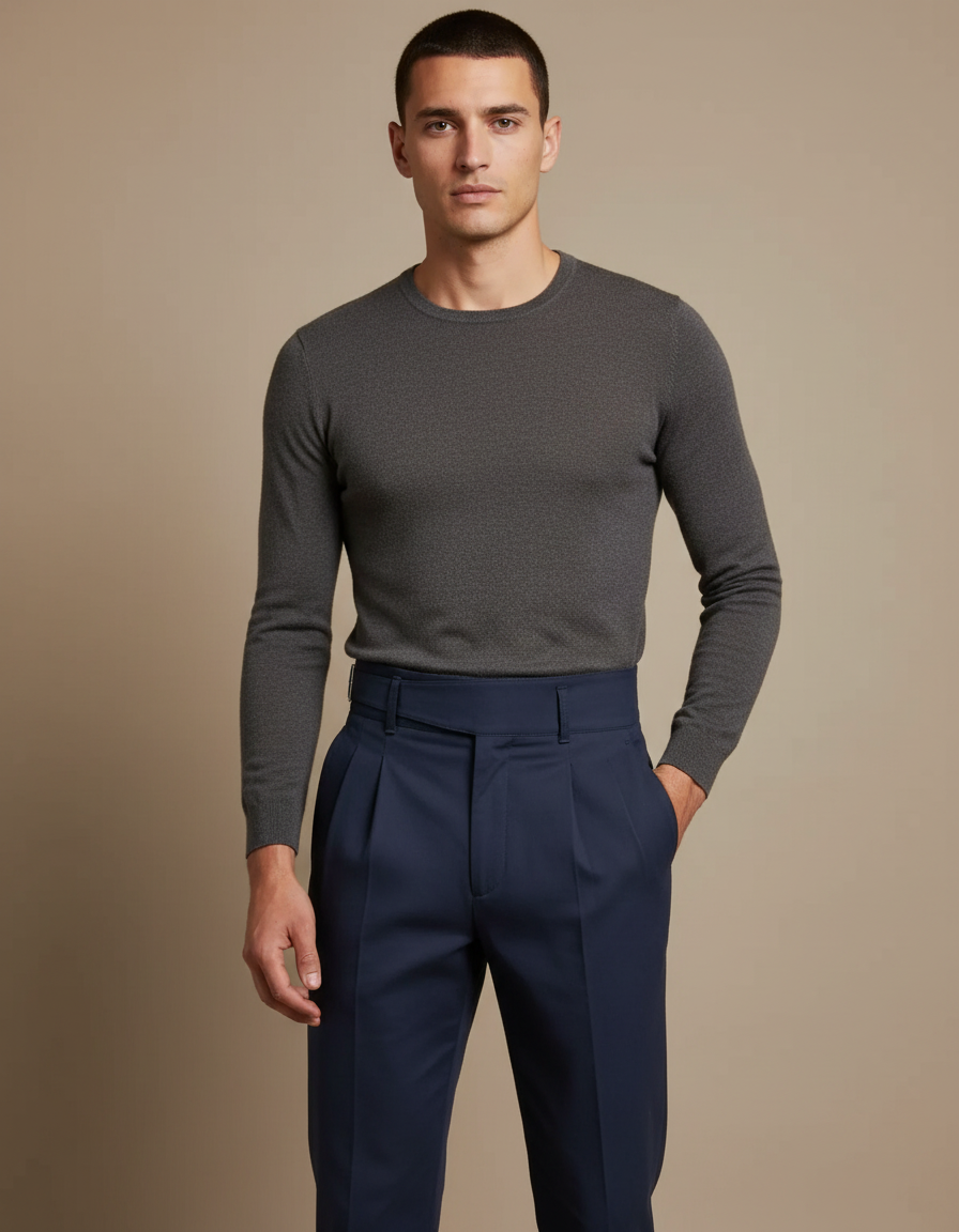 Pantalon Chino Bleu Marine Plissé Élégant Homme - Gabardine