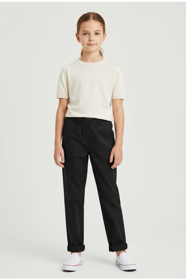 Pantalon Chino Noir Élastique Droit Enfant Décontracté - Gabardine