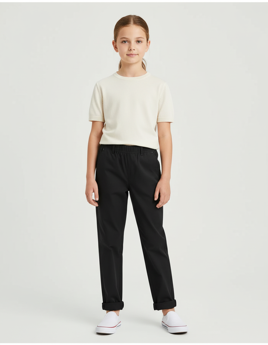 Pantalon Chino Noir Élastique Droit Enfant Décontracté - Gabardine