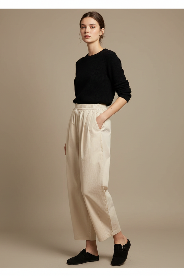Pantalon Chino Écru Ample Fluide Décontracté Femme - Beige Gabardine