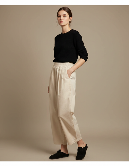 Pantalon Chino Écru Ample Fluide Décontracté Femme - Beige Gabardine