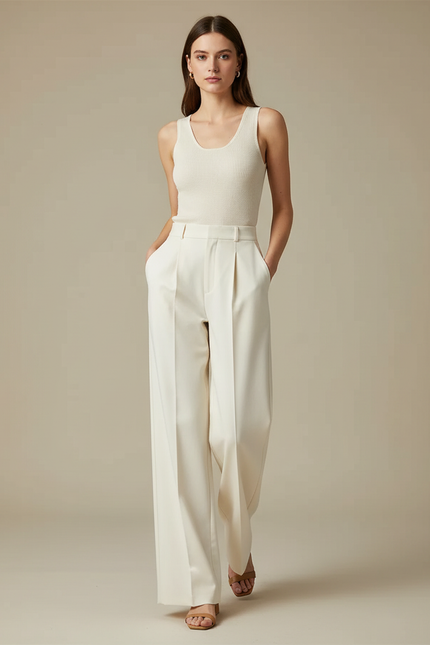 Pantalon Chino Crème Fluide Ample Droit Élégant - Beige Polyester