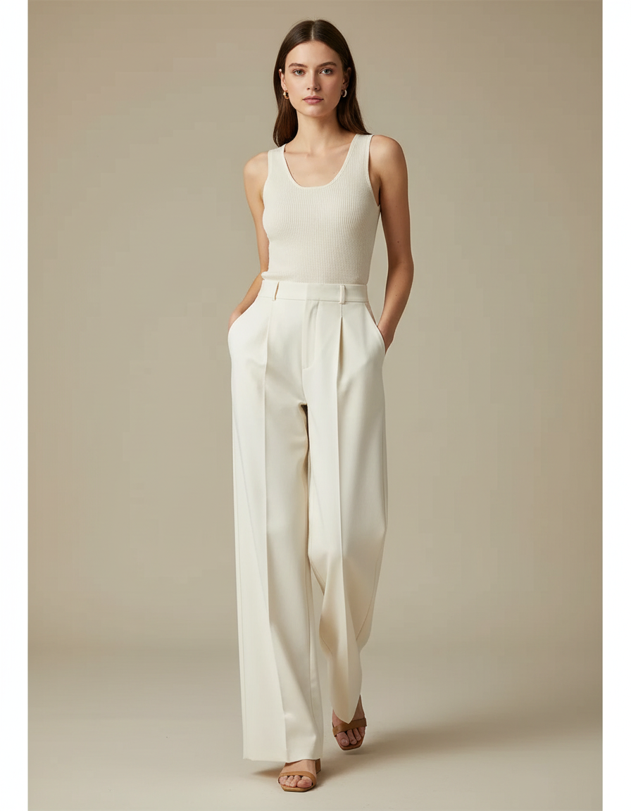 Pantalon Chino Crème Fluide Ample Droit Élégant - Beige Polyester
