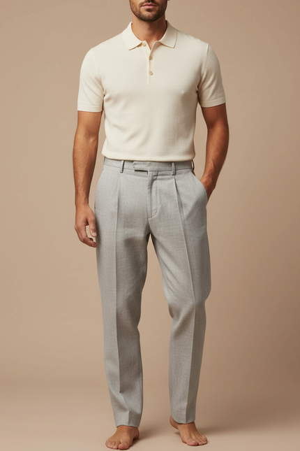 Pantalon Chino Gris Clair Plissé Ample Décontracté - Gabardine