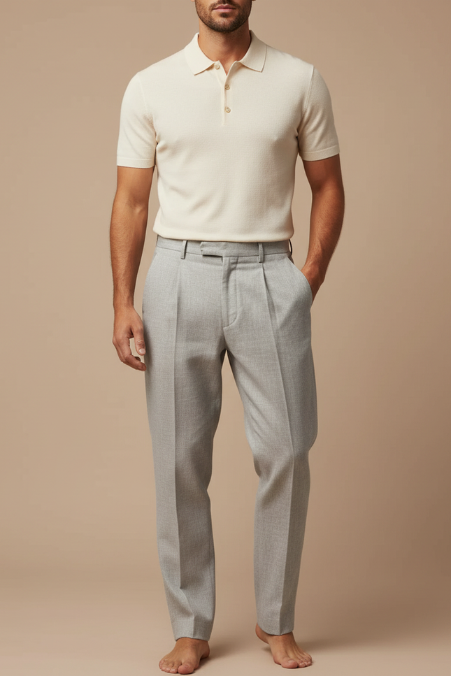 Pantalon Chino Gris Clair Plissé Ample Décontracté - Gabardine