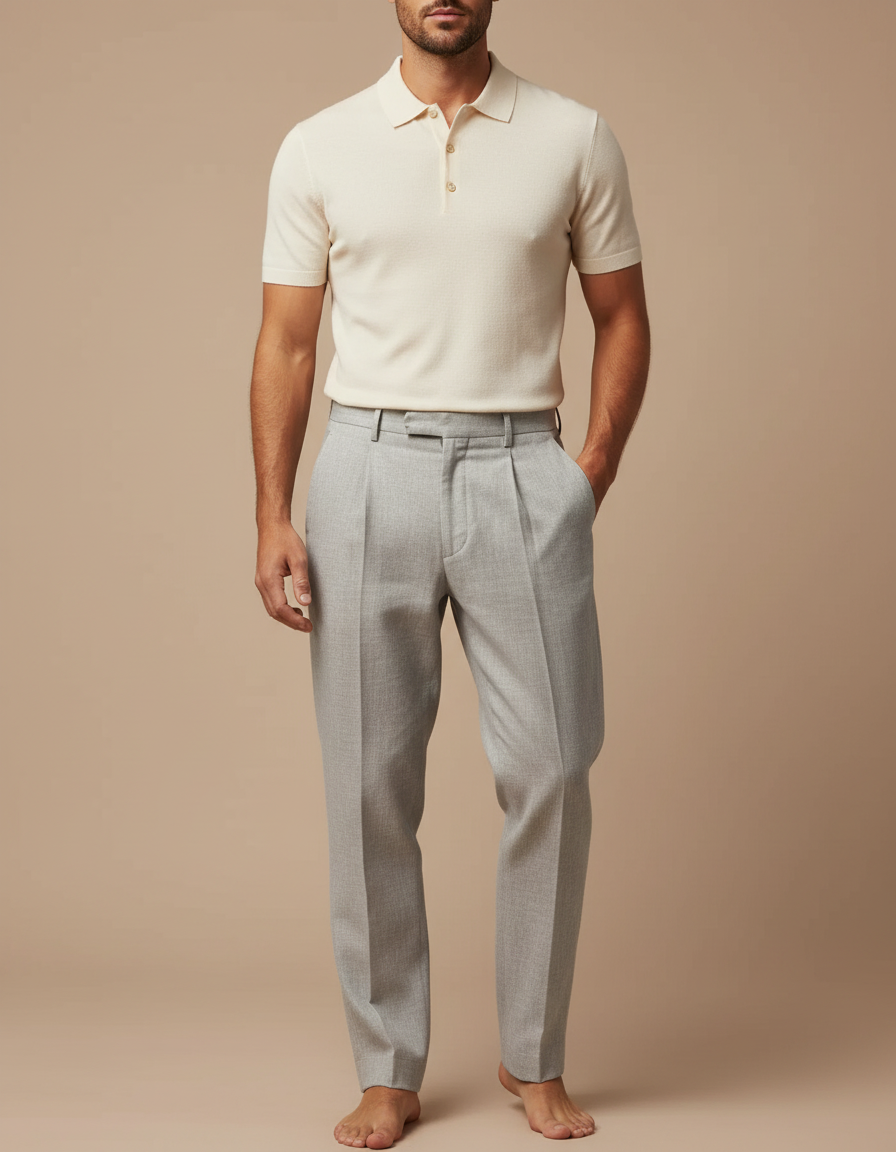 Pantalon Chino Gris Clair Plissé Ample Décontracté - Gabardine
