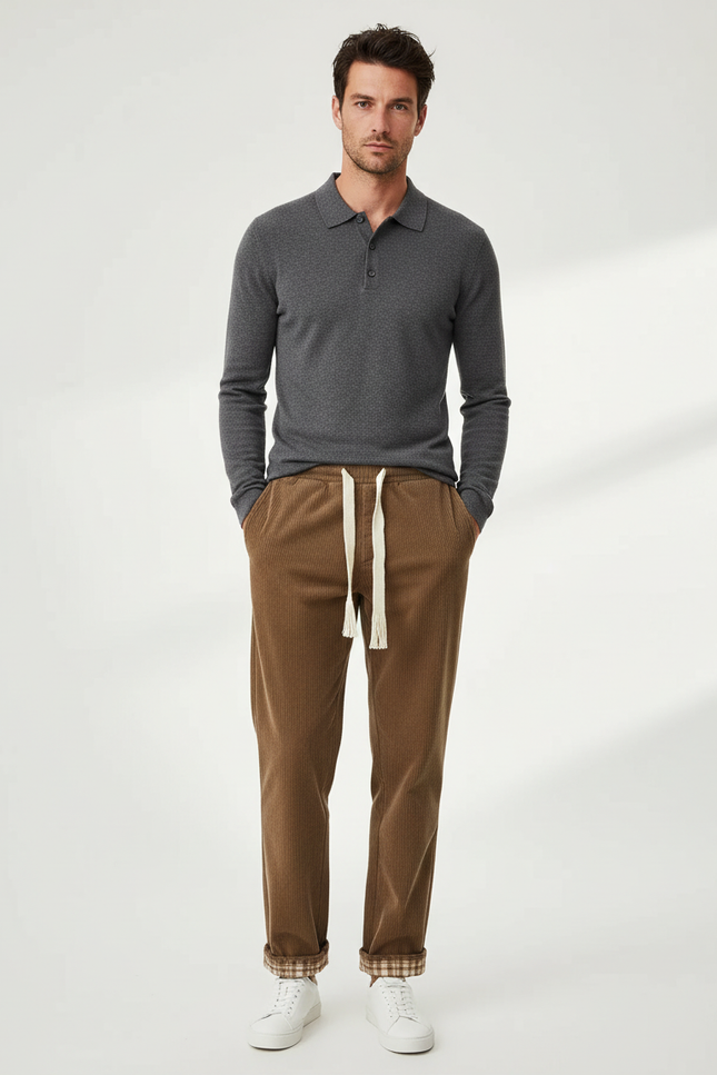 Pantalon Chino Marron Côtelé Droit Cordon Homme - Cordé