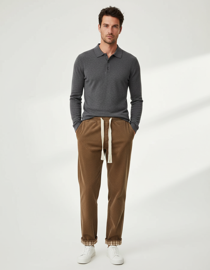 Pantalon Chino Marron Côtelé Droit Cordon Homme - Cordé