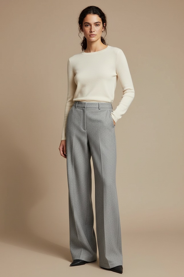 Pantalon Chino Gris Laine Ample Taille Haute Femme