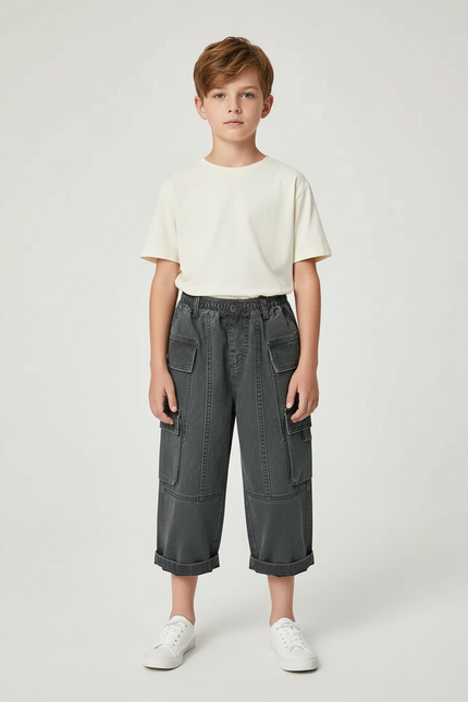 Pantalon Chino Gris Anthracite Cargo Ample Décontracté Enfant - Jean