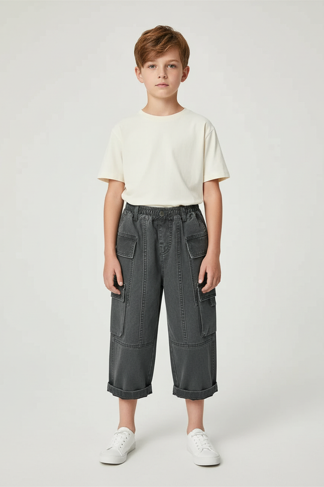 Pantalon Chino Gris Anthracite Cargo Ample Décontracté Enfant - Jean
