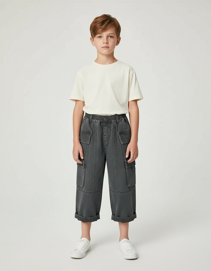 Pantalon Chino Gris Anthracite Cargo Ample Décontracté Enfant - Jean