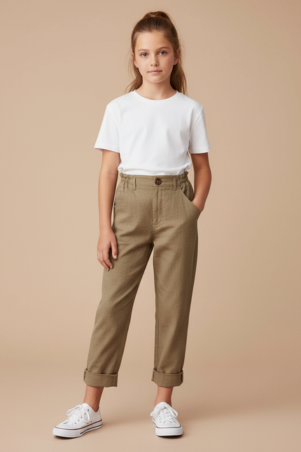 Pantalon Chino Kaki Coton Lin Ample Enfant Décontracté