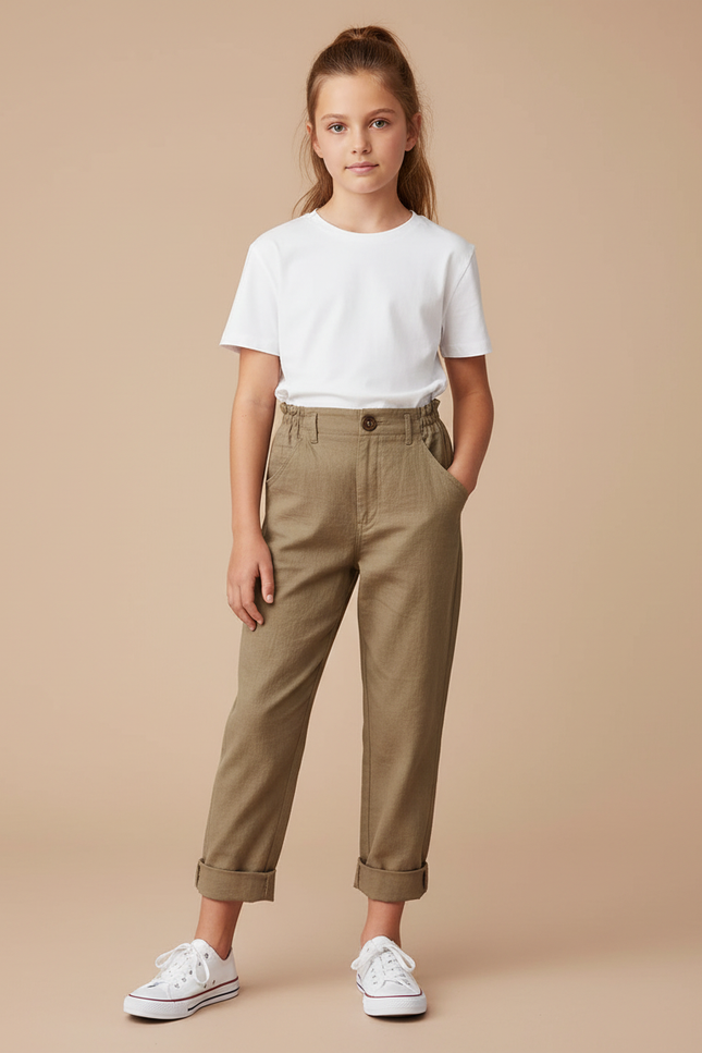 Pantalon Chino Kaki Coton Lin Ample Enfant Décontracté