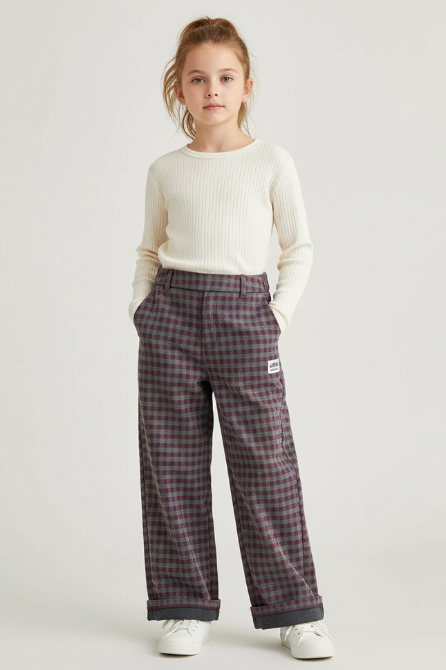 Pantalon Chino Carreaux Chaud Ample Fille Hiver - Multicolore Tweed