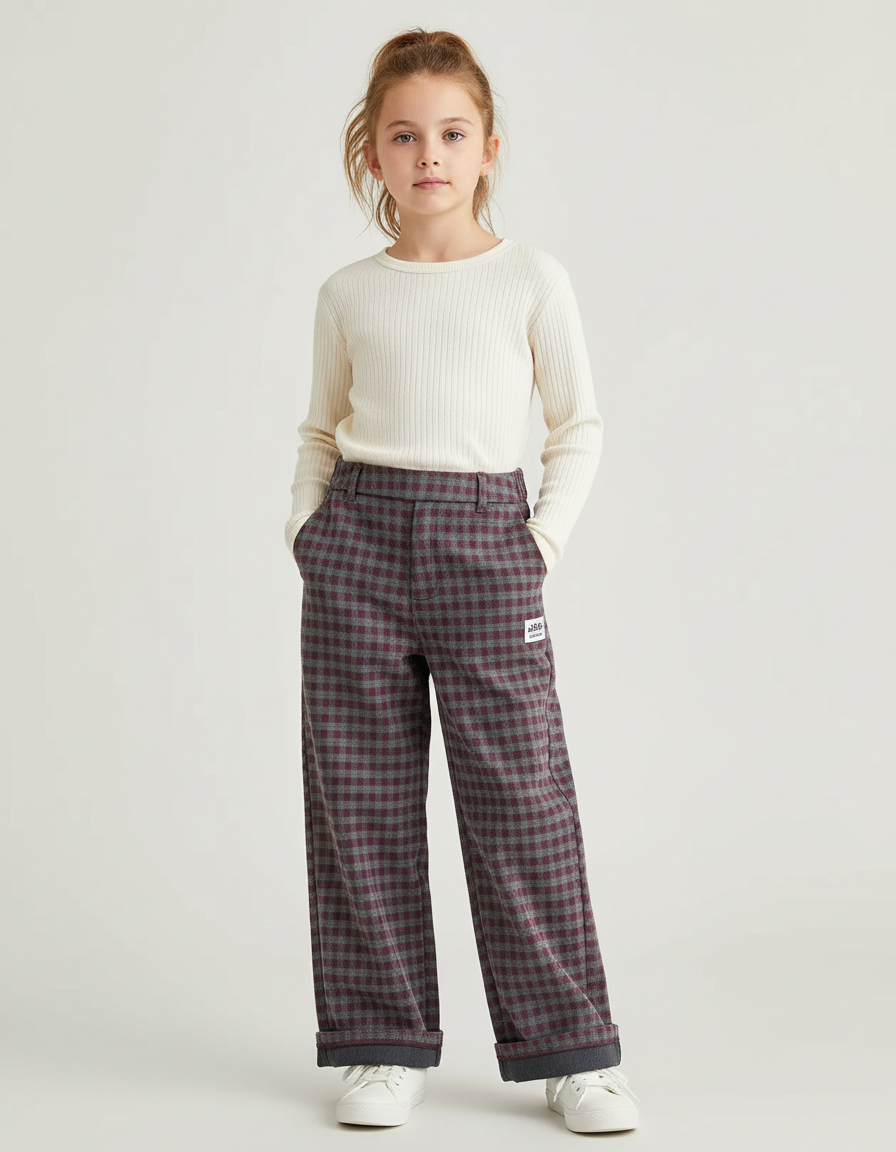 Pantalon Chino Carreaux Chaud Ample Fille Hiver - Multicolore Tweed