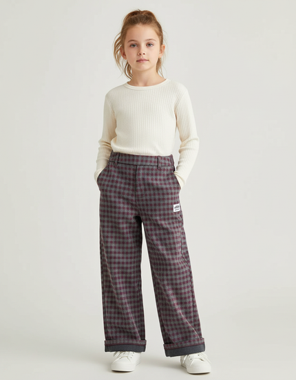 Pantalon Chino Carreaux Chaud Ample Fille Hiver - Multicolore Tweed