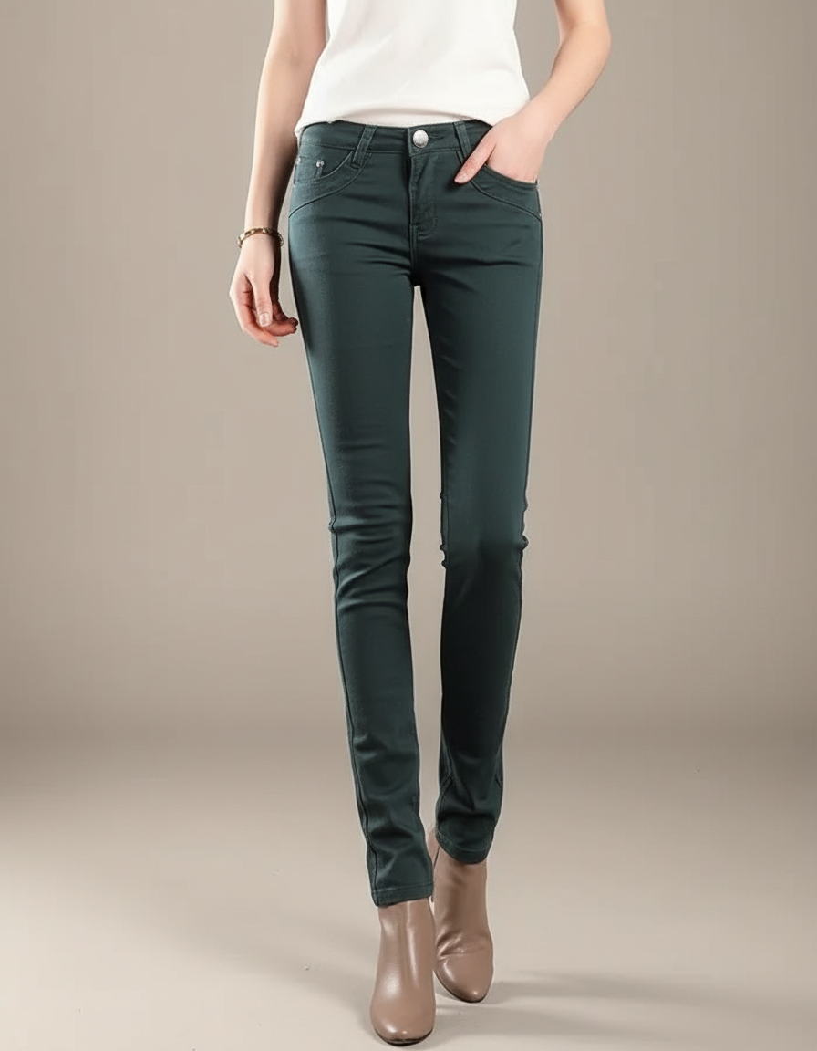 Pantalon Chino Vert Foncé Stretch Coupe Skinny Femme - Coton