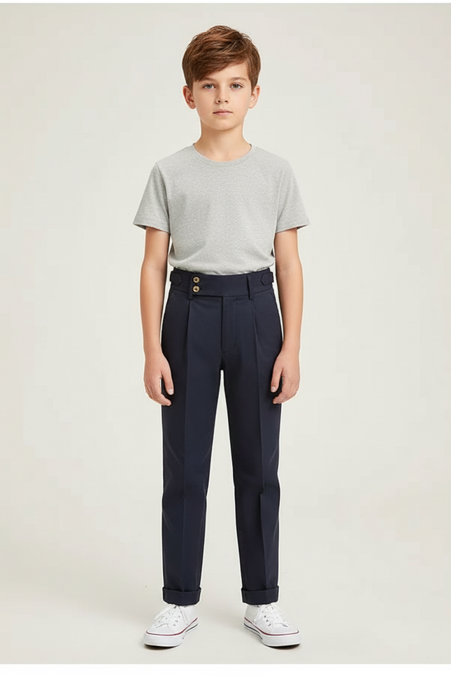Pantalon Chino Bleu Marine Droit Plissé Enfant - Gabardine