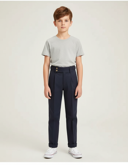 Pantalon Chino Bleu Marine Droit Plissé Enfant - Gabardine