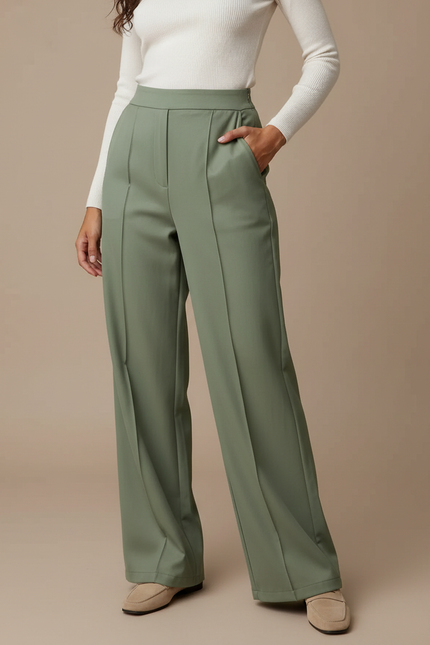 Pantalon Chino Vert Olive Ample Fluide Femme - Polyester