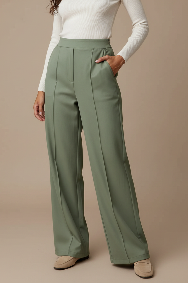 Pantalon Chino Vert Olive Ample Fluide Femme - Polyester