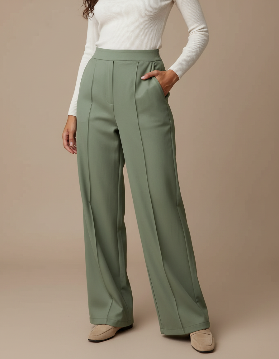 Pantalon Chino Vert Olive Ample Fluide Femme - Polyester