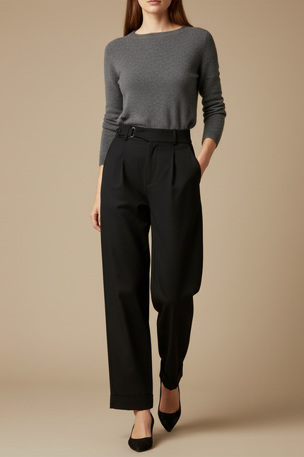 Pantalon Chino Noir Plissé Ample Taille Haute Élégant - Gabardine