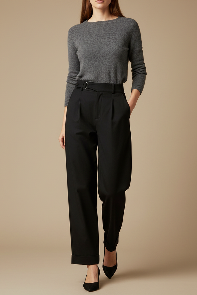 Pantalon Chino Noir Plissé Ample Taille Haute Élégant - Gabardine