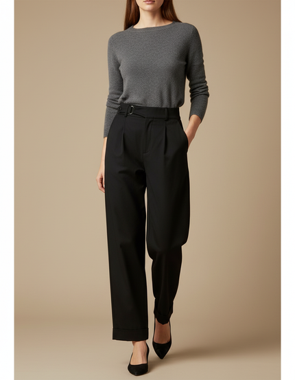 Pantalon Chino Noir Plissé Ample Taille Haute Élégant - Gabardine