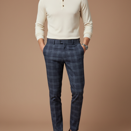 Pantalon Chino Carreaux Bleu Marine Slim Élégant - Laine