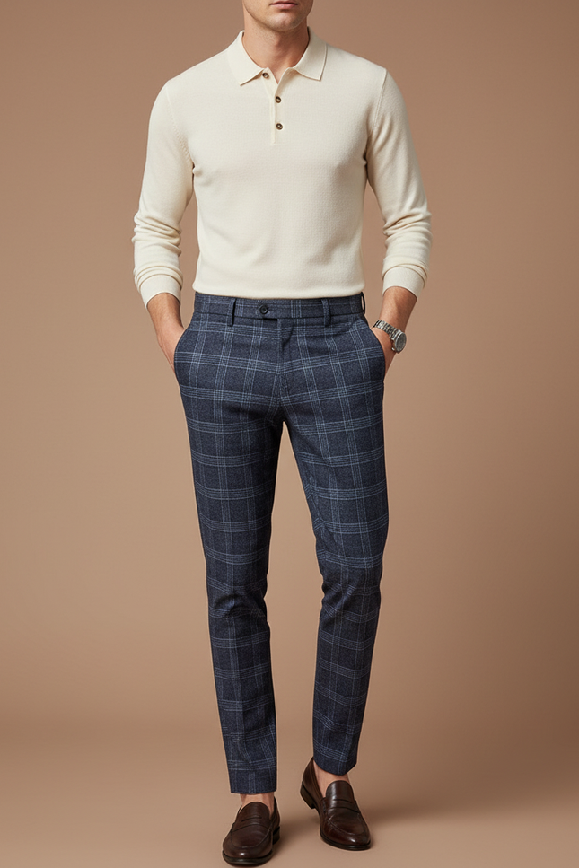 Pantalon Chino Carreaux Bleu Marine Slim Élégant - Laine