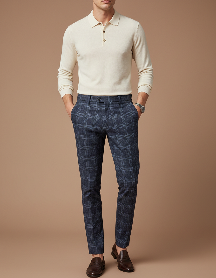 Pantalon Chino Carreaux Bleu Marine Slim Élégant - Laine