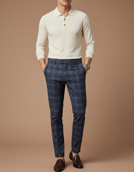 Pantalon Chino Carreaux Bleu Marine Slim Élégant - Laine
