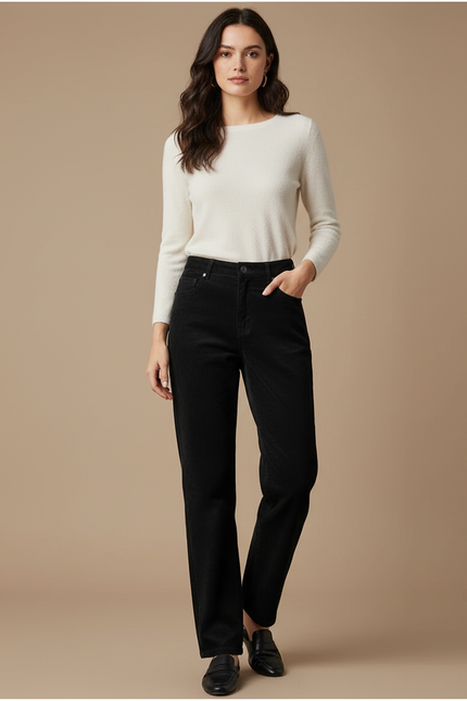 Pantalon Chino Noir Côtelé Droit Confortable Femme - Cordé