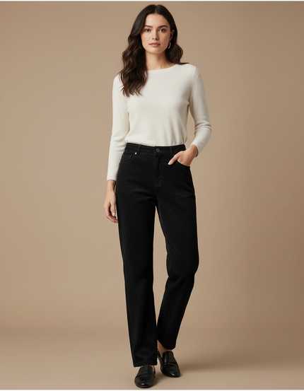 Pantalon Chino Noir Côtelé Droit Confortable Femme - Cordé