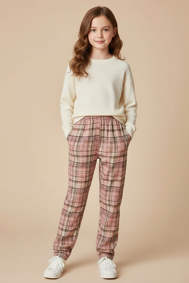 Pantalon Chino Carreaux Rose Lâche Décontracté Fille - Coton