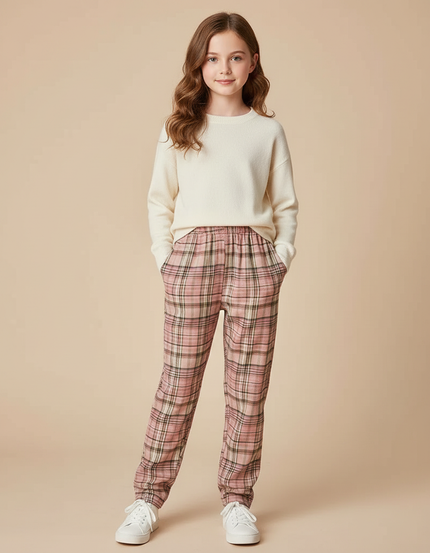 Pantalon Chino Carreaux Rose Lâche Décontracté Fille - Coton