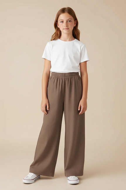 Pantalon Chino Marron Ample Fluide Décontracté Fille - Coton