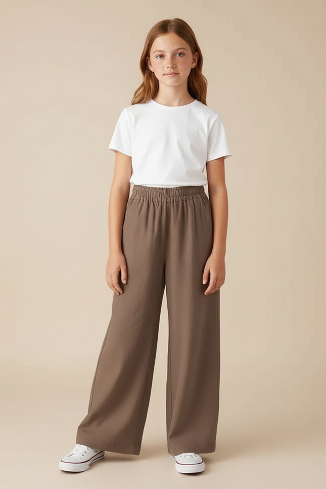 Pantalon Chino Marron Ample Fluide Décontracté Fille - Coton