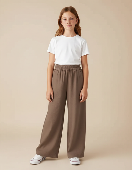 Pantalon Chino Marron Ample Fluide Décontracté Fille - Coton