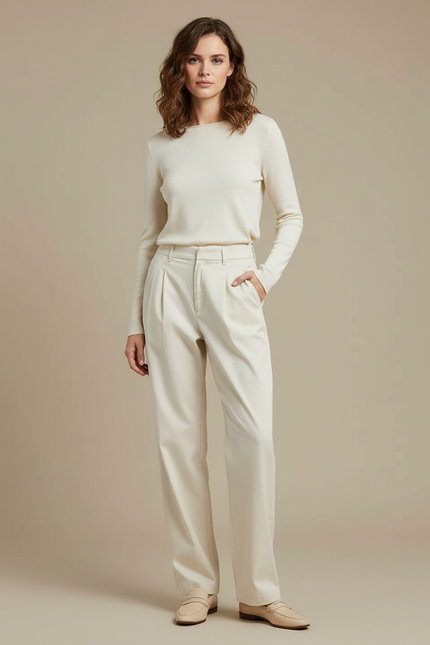 Pantalon Chino Beige Ample Décontracté Plissé Femme - Gabardine